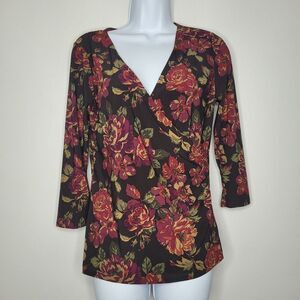 Chaps dark romantic floral wrap style v neck moody top size medium